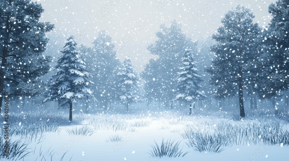 Fototapeta premium Serene Winter Wonderland with Gentle Snowfall Among Pine Trees