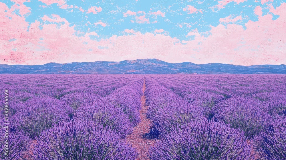 Fototapeta premium Endless Lavender Fields Under Bright Blue Sky and Soft Clouds