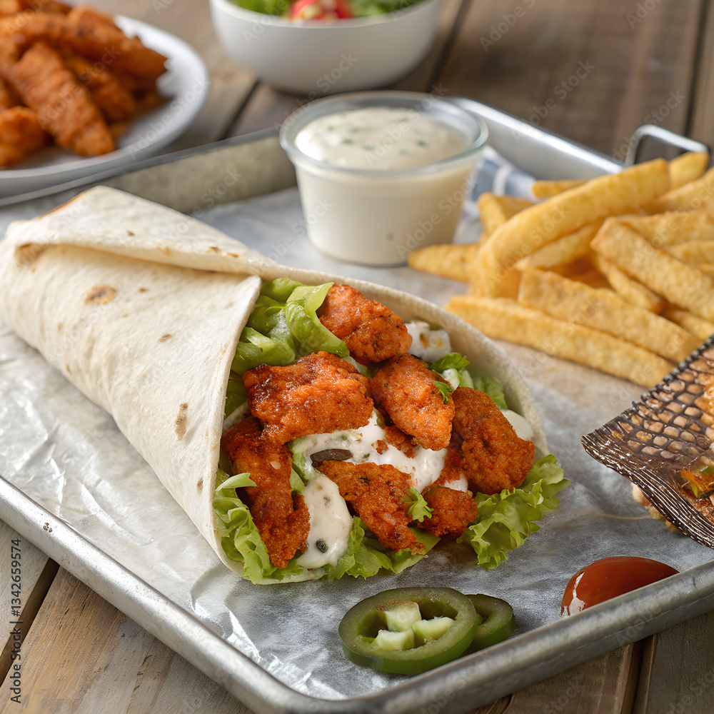 A delicious wrap filled with seasoned pieces, lettuce, and a white dressing, served with fries, sweet potato fries, and salad. A delicious wrap filled with seasoned pieces, lettuce, and a white dressing, served with fries, sweet potato fries, and salad.