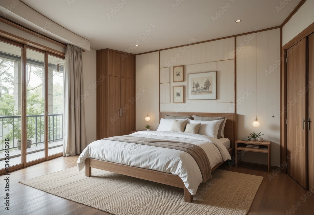 Fototapeta premium Cozy modern bedroom design minimalist home interior photography calming atmosphere wide angle tranquil living space