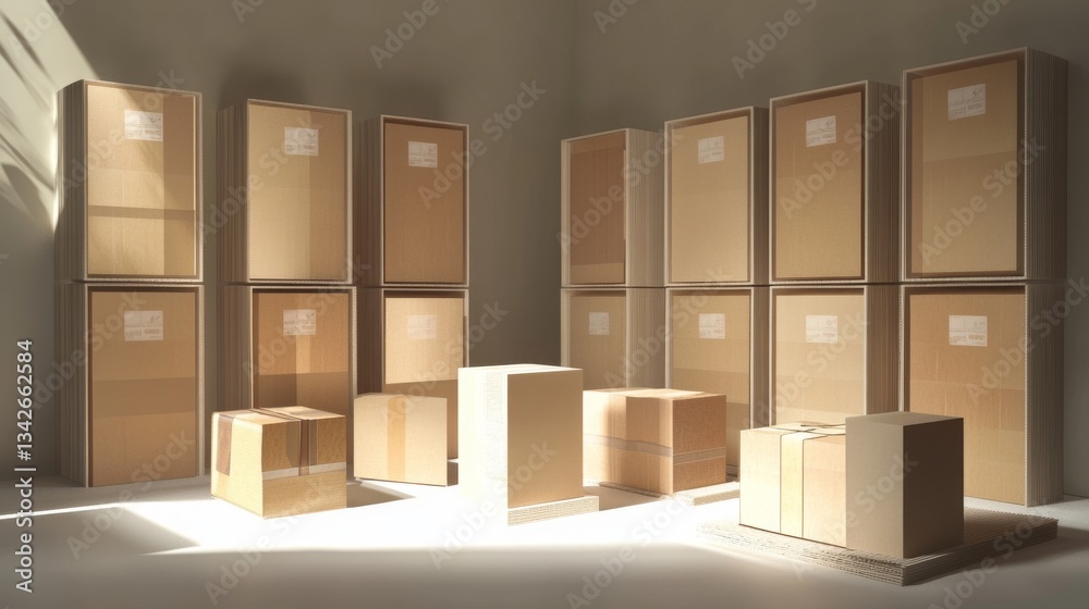 Shipping container mockups, textured cardboard surface, parcel tape placement, handling instruction markers, multiple box configurations, neutral studio lighting, organized display layout, packaging Shipping container mockups, textured cardboard surface, parcel tape placement, handling instruction markers, multiple box configurations, neutral studio lighting, organized display layout, packaging