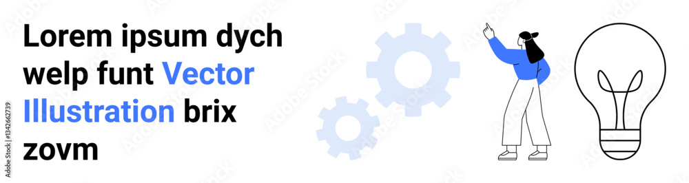 Woman pointing towards a lightbulb with text and gears symbolizing innovation, planning, and teamwork. Ideal for creativity, brainstorming, education, strategy, development, problem-solving simple Woman pointing towards a lightbulb with text and gears symbolizing innovation, planning, and teamwork. Ideal for creativity, brainstorming, education, strategy, development, problem-solving simple