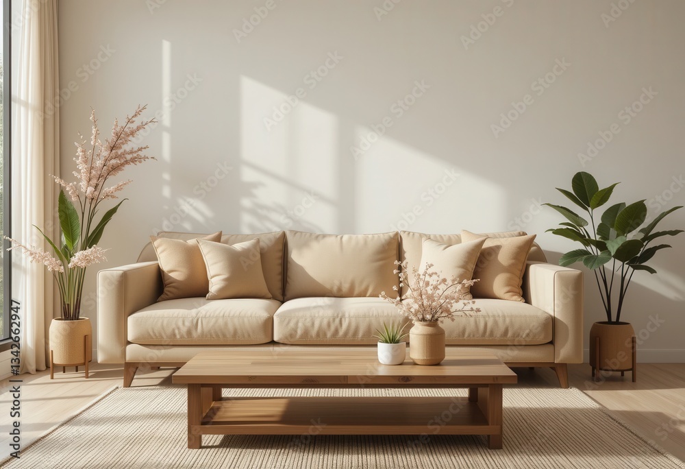 Fototapeta premium Cozy living room design modern apartment interior photography bright space natural light relaxation concept