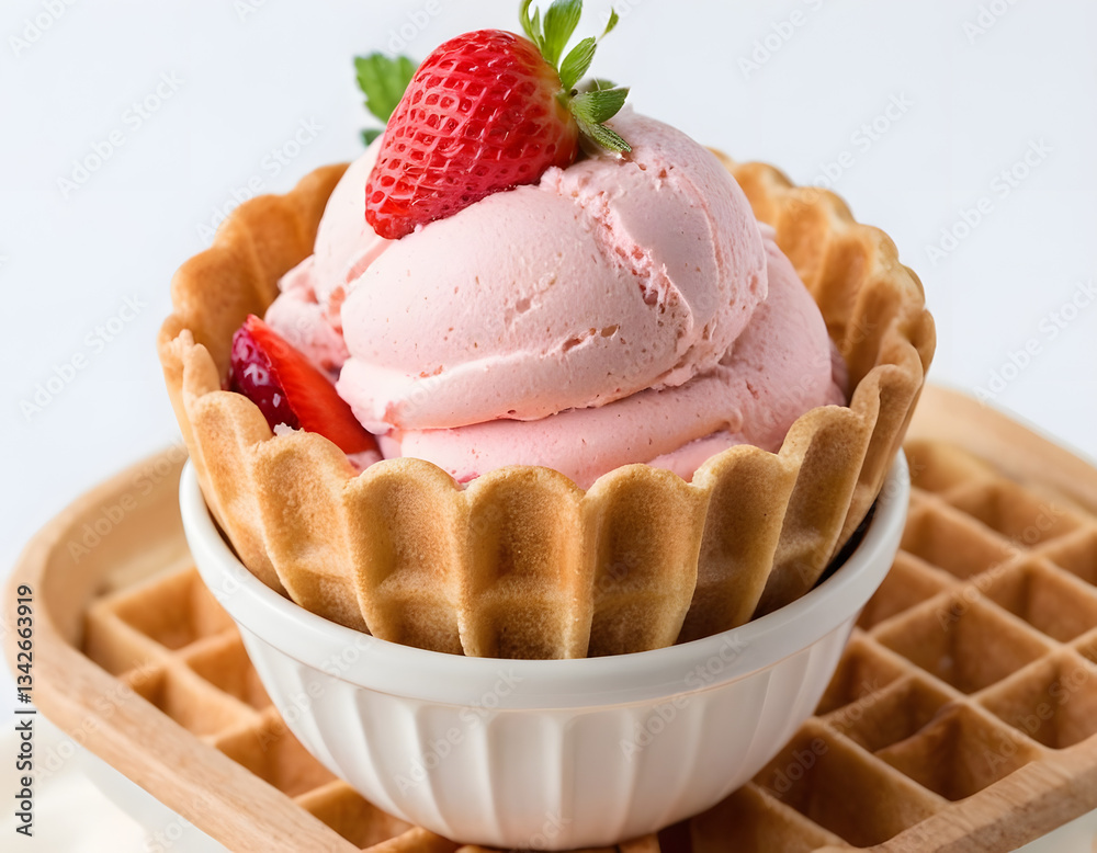 Delicious strawberry ice cream in a waffle bowl isolated on a white background, ice cream with raspberries. Delicious strawberry ice cream in a waffle bowl isolated on a white background, ice cream with raspberries.
