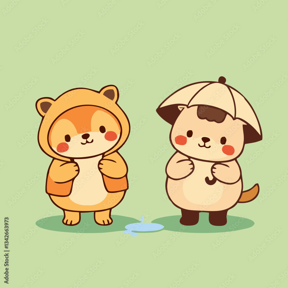 Fototapeta premium Minimalist Cartoon Animals in Rainy Weather Outfits