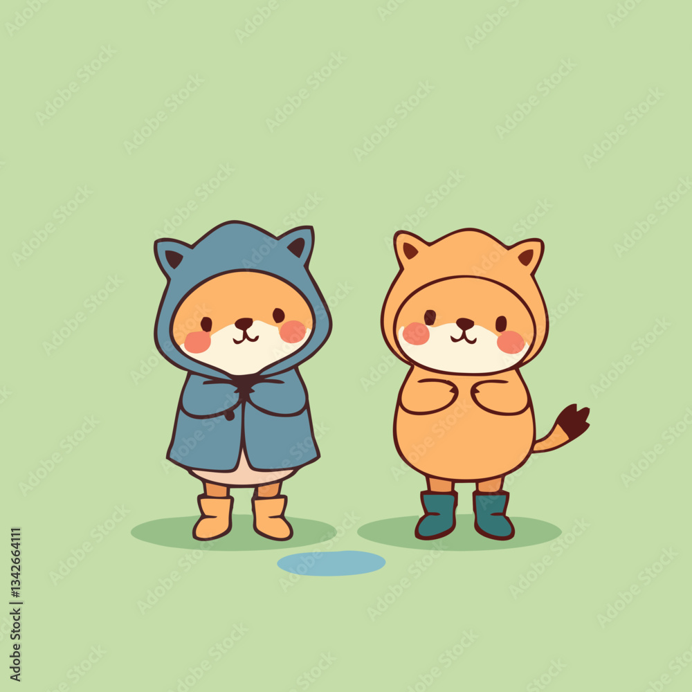 Minimalist Cartoon Animals in Rainy Weather Outfits Minimalist Cartoon Animals in Rainy Weather Outfits