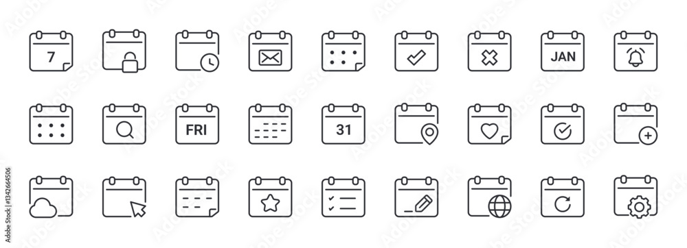 Set of Calendar Line Icons. Contain Icons as Date, Event, Agenda, Planner. Editable Stroke. Pixel Perfect. Set of Calendar Line Icons. Contain Icons as Date, Event, Agenda, Planner. Editable Stroke. Pixel Perfect.