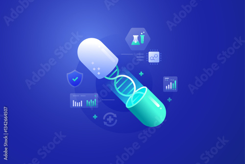 Digital Pharma Medical Technology, Digital health Drug pills capsule, MedTech, AI, machine learning, and data analytics concept illustration