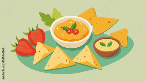 A spread of pita chips homemade hummus and sliced bell peppers for dipping.. Vector illustration
