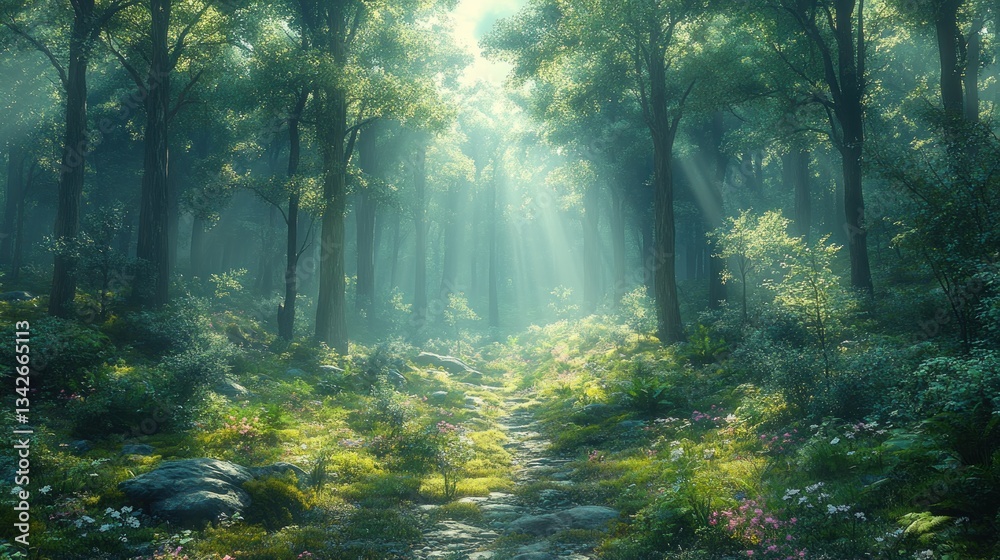 Fototapeta premium Enchanted Forest Path: Sunbeams Through the Trees