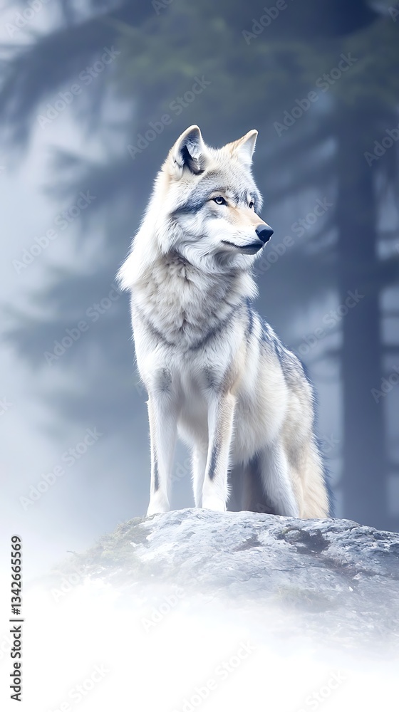 Fototapeta premium Majestic Wolf for Misty Forest Peak.
