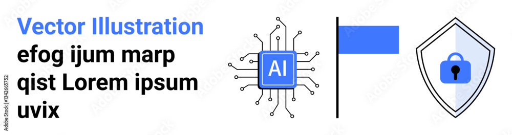 AI processor chip, flag symbolizing information flow, and shield icon with lock for data protection. Ideal for tech innovation, cybersecurity, AI safety, data privacy, information systems, tech AI processor chip, flag symbolizing information flow, and shield icon with lock for data protection. Ideal for tech innovation, cybersecurity, AI safety, data privacy, information systems, tech