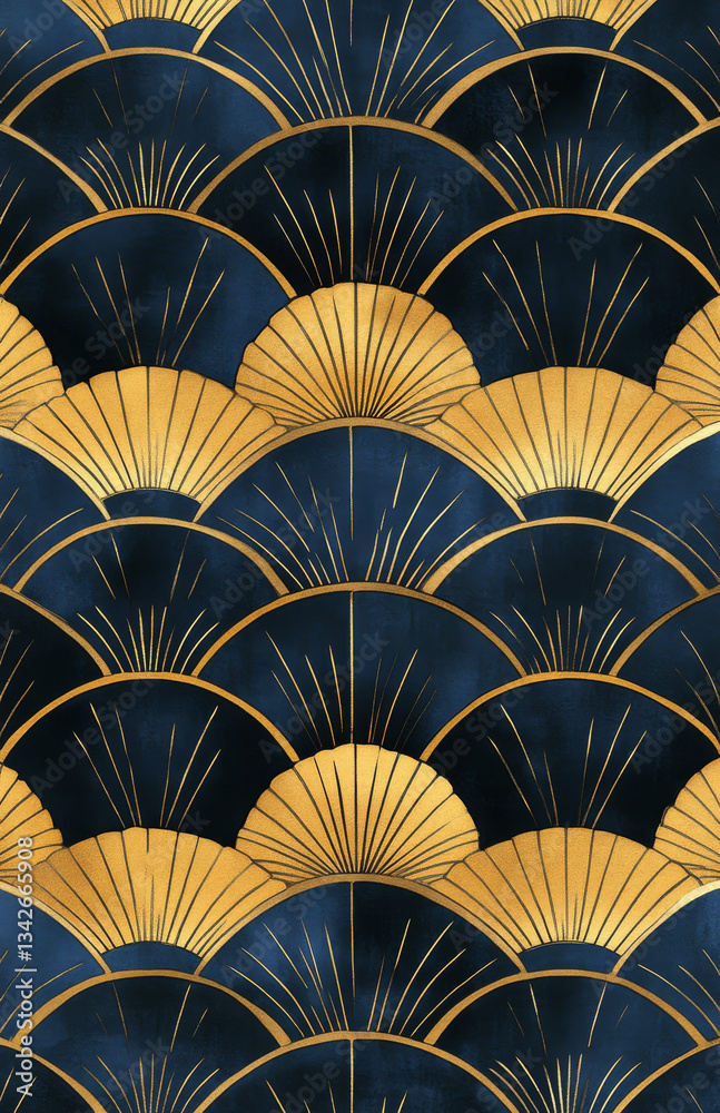 Art Deco-inspired pattern with symmetrical fan shapes, Art Deco-inspired pattern with symmetrical fan shapes,