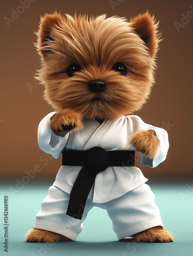 Yorkshire terrier wearing karate gi and black belt practicing martial arts photo