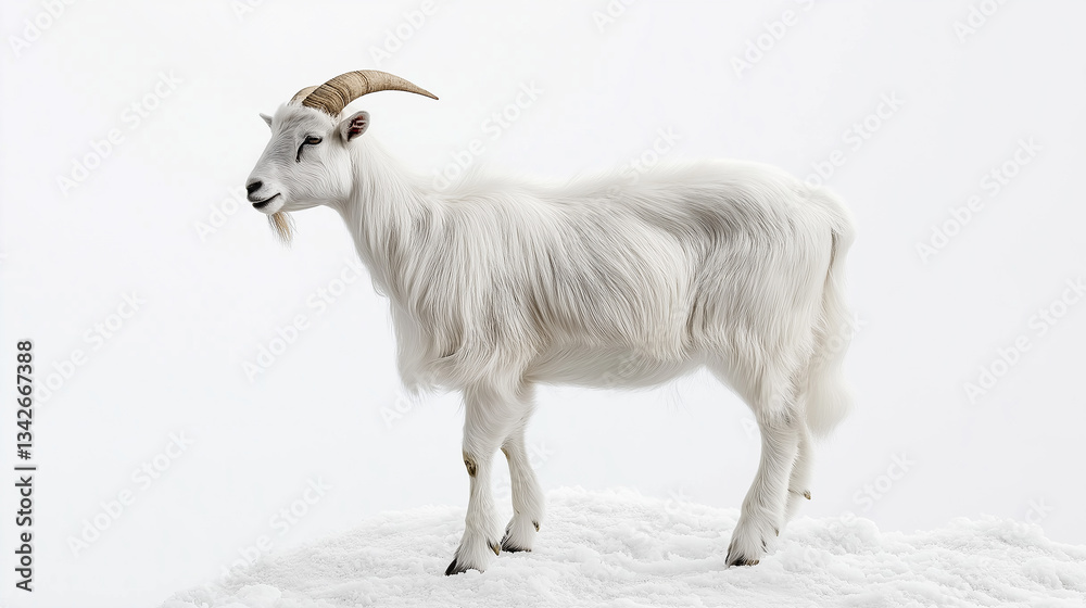 Obraz premium White goat standing on snow against white background