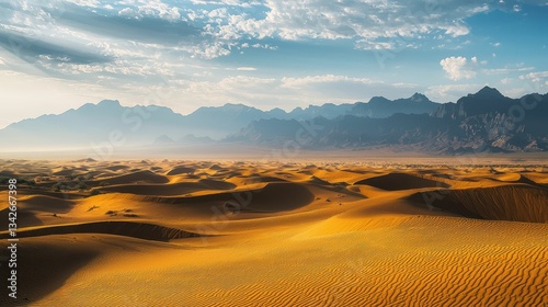 Rocky Desert Landscape with Distant Mountains and Golden Sands