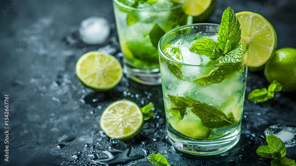 Fototapeta premium A refreshing mojito cocktail with lime and mint on a dark background. 
