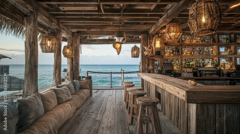 Rustic Beach Bar with Weathered Wood and Lanterns Overlooking Pier Rustic Beach Bar with Weathered Wood and Lanterns Overlooking Pier
