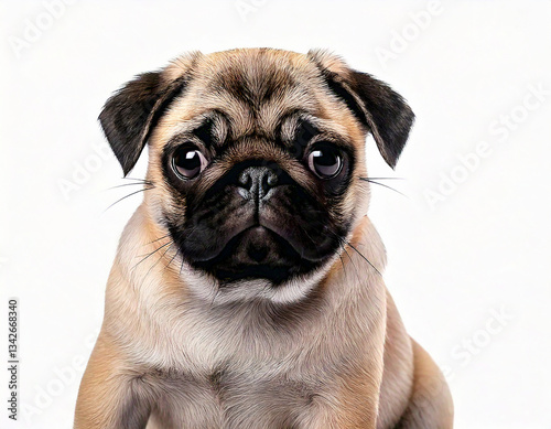 Cute pug puppy is sitting in the studio on a white background.