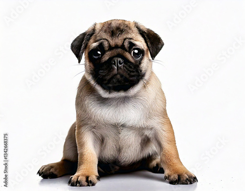 Cute pug puppy is sitting in the studio on a white background.