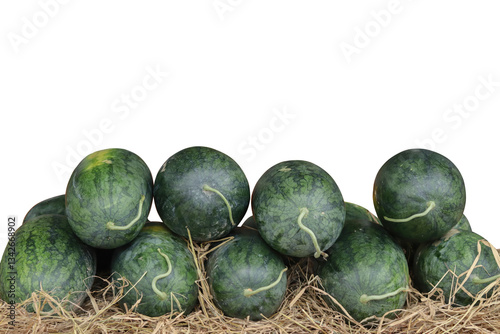A pile of small, dark green watermelons resting on straw, isolated against a transparent background. Represents fresh produce, summer harvest, and healthy eating.