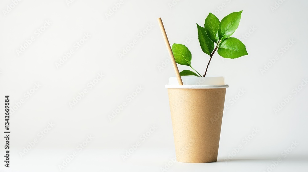 Obraz premium Eco-friendly disposable cup filled with vibrant green leaves, natural kraft paper lid, bamboo drinking straw, bright white background, environmental product photography, sustainable lifestyle