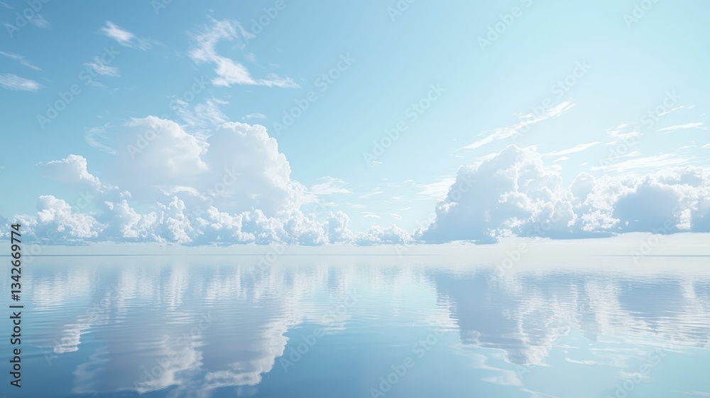 Obraz premium Serene Clouds Reflect on Calm Lake Surface in Bright Blue Sky