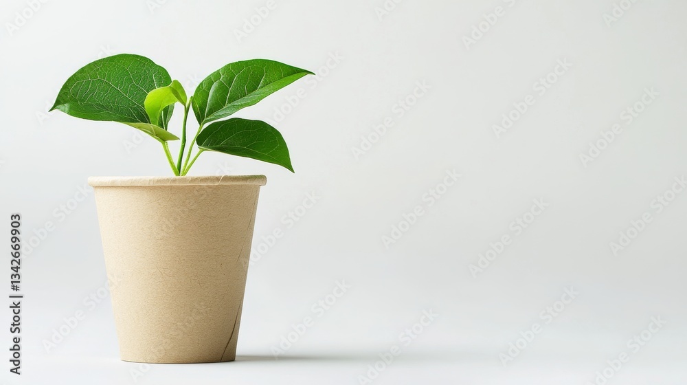 Fototapeta premium Green lifestyle product presentation, biodegradable cup filled with fresh leaves, earth-friendly drinking vessel, natural paper texture, botanical arrangement, clean white studio background, premium