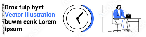 Clock symbol beside a professional woman typing on a laptop at a desk. Ideal for productivity, efficiency, work-life balance, time tracking, remote work, deadlines, simple landing page