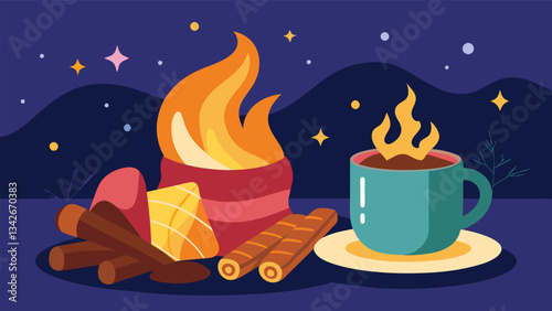 The crackling fire and warm blanket were the perfect companions to the rich decadent hot chocolate and sugary churros.. Vector illustration