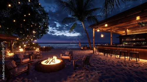Cozy Nighttime Beach Bar with Soft Lighting and Fire Pits
