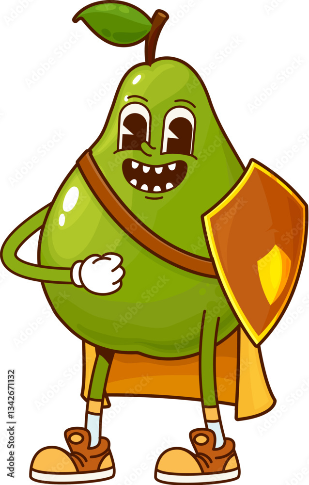 Fototapeta premium Cartoon groovy superhero pear fruit character. Funny vector garden plant retro y2k defender personage with cape, shield and hippie sneakers. Healthy smiling vigilante exudes strength and super power