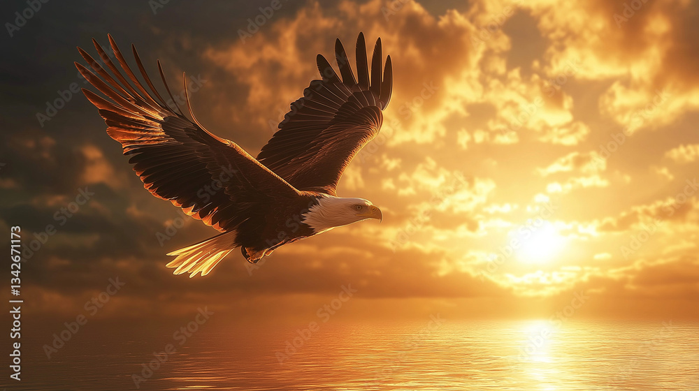Obraz premium bald eagle flying over a lake in sunset time