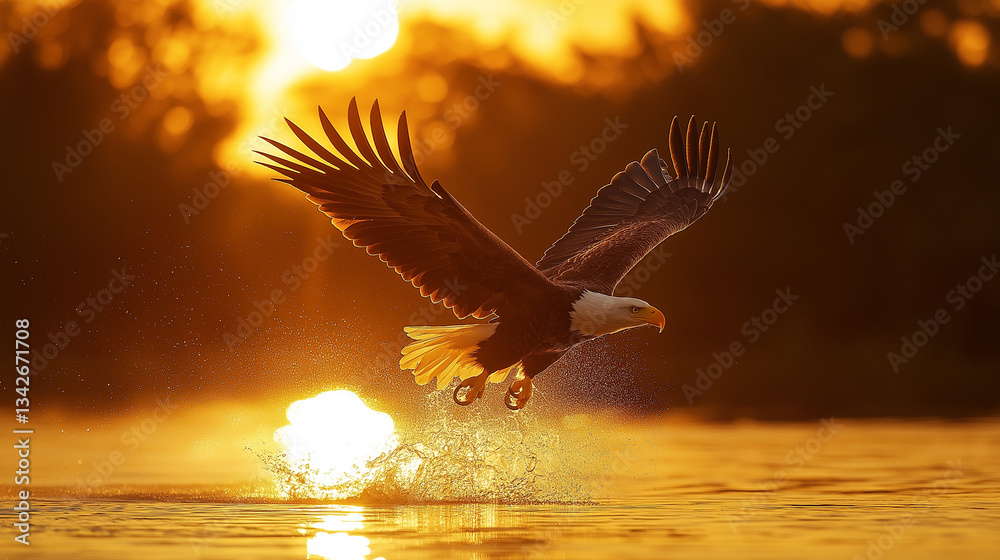 Obraz premium bald eagle flying over a lake in sunset time