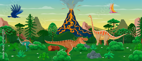 Prehistoric landscape with volcano and dinosaur characters vector background. Cartoon dino animals, reptiles and birds in jungle forest. Cute tyrannosaurus rex, dimorphodon, brachiosaurus, argentavis
