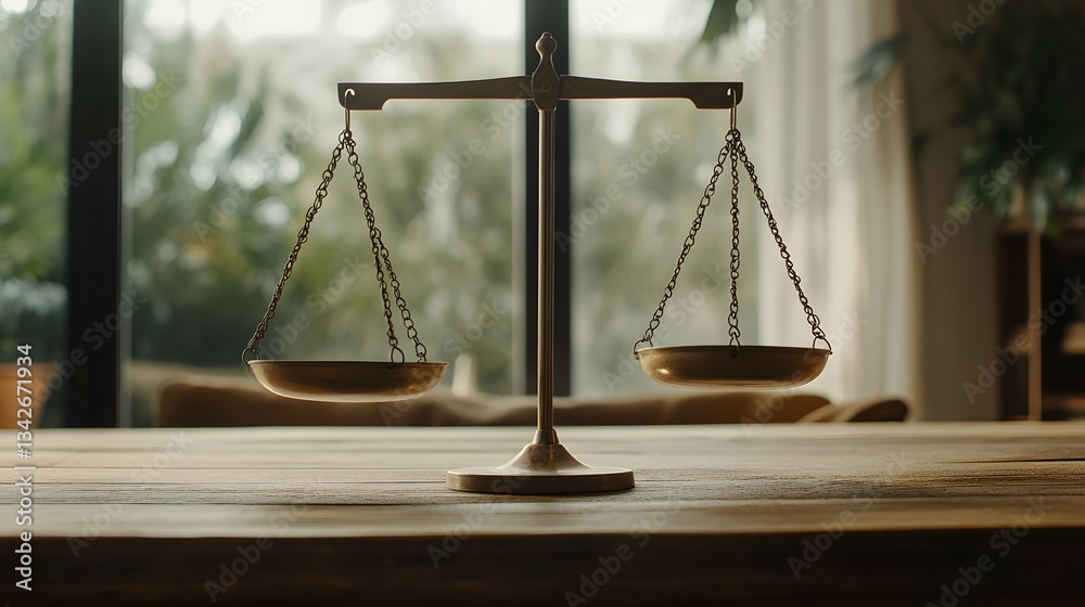 Antique Brass Scales of Justice on Wooden Table near Window Antique Brass Scales of Justice on Wooden Table near Window