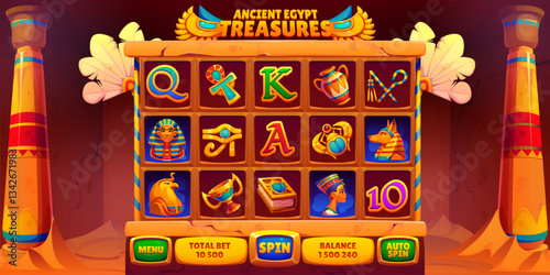 Online casino game slot machine with ancient Egypt elements. Cartoon vector gamble game interface symbols of pharaohs, scarabs, hieroglyphs and treasures evoke a mystical and adventurous experience