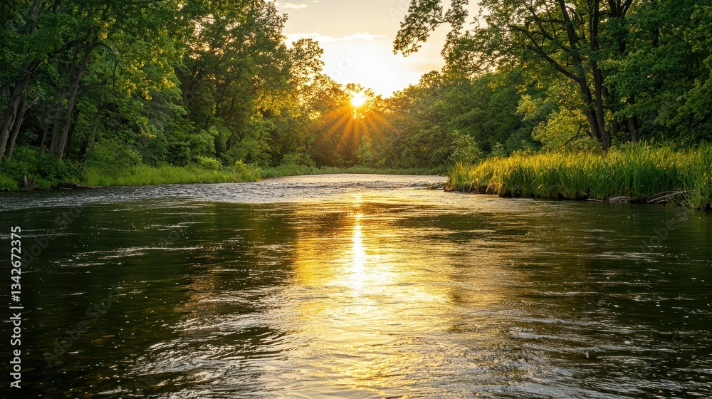 Obraz premium Golden Light of Sunset Reflecting Off Calm Water Surface