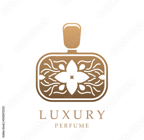 Perfume store or luxury perfumery icon of golden bottle with floral ornament, vector premium design. Perfume and fragrance brand icon of bottle with golden flowers for luxury perfumery boutique sign