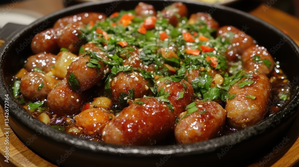 Sizzling sausages, adorned with a vibrant sauce and aromatic herbs, ready to be enjoyed with a satisfying crunch. Sizzling sausages, adorned with a vibrant sauce and aromatic herbs, ready to be enjoyed with a satisfying crunch.