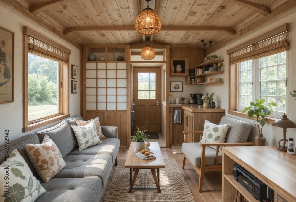 Fototapeta premium Cozy interior living space tiny house interior design rustic style warm atmosphere modern aesthetics