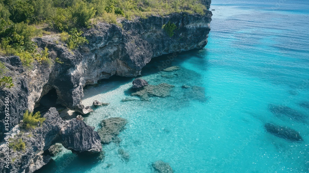 Towering Cliffs Overlooking Crystal Clear Bay in Serene Paradise Towering Cliffs Overlooking Crystal Clear Bay in Serene Paradise