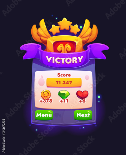 Victory game frame for GUI interface template with winner scores and menu, vector gamer UI. Game frame or victory banner for level complete award with golden stars, trophy gemstone and life hearts