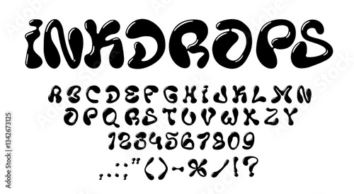 Liquid bubble font, y2k 3d letters typeface, funky wavy type, groovy english alphabet. Vector typography black ink drops font letters and numbers set. Groovy y2k wavy liquid bubble abc symbols