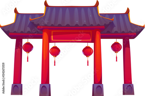 Cartoon traditional Chinese gate paifang with red pillars, dark curved roof and hanging lanterns. Vector Asian architecture represents cultural heritage and the entrance to sacred or historical place
