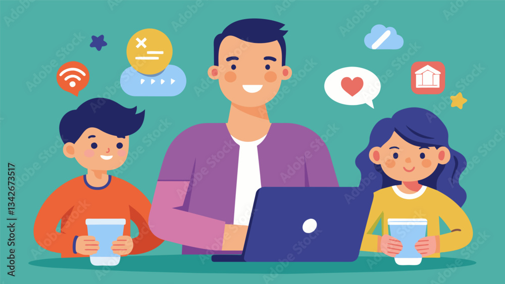 A Gen X dad trying to keep up with the latest online trends and memes in order to have a conversation with his techsavvy children.. Vector illustration A Gen X dad trying to keep up with the latest online trends and memes in order to have a conversation with his techsavvy children.. Vector illustration