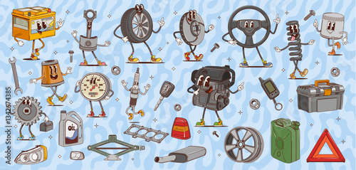 Cartoon groovy car spare parts and tools characters. Psychedelic auto spare parts vector personages of cute engine, oil filter and battery. Funny headlight, spark plug, steering wheel, tire and rim