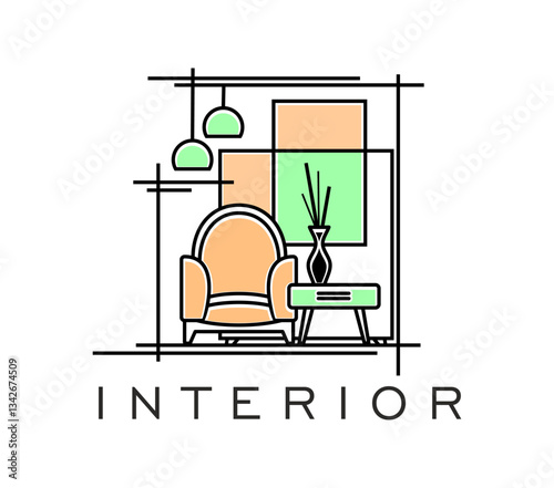 Home interior icon for design studio of furniture and decor store, vector emblem. Home interior icon with furniture in line art design for comfort living or house staging and apartment interiors store