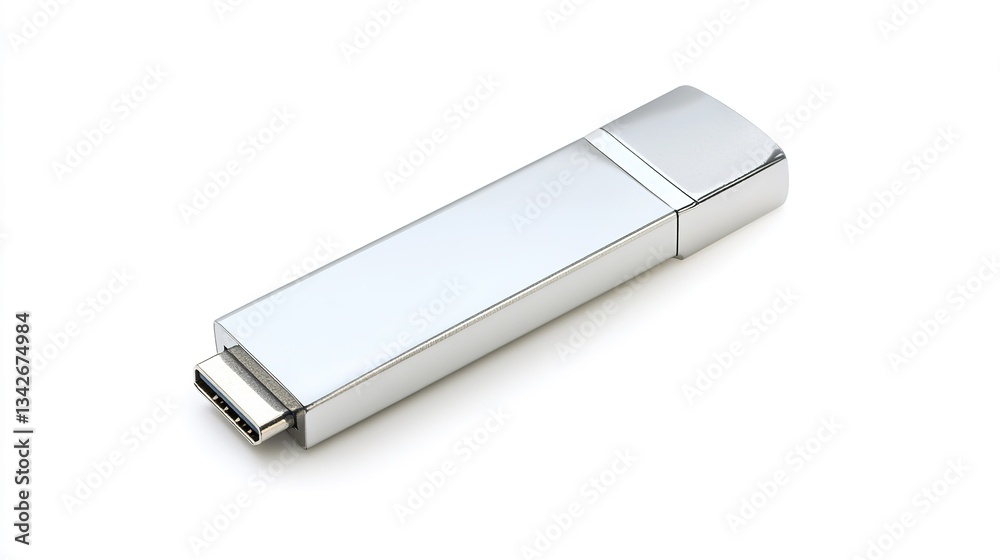 Sleek and Compact Silver USB Flash Drive for Data Storage and Transfer, Isolated on White Background Sleek and Compact Silver USB Flash Drive for Data Storage and Transfer, Isolated on White Background