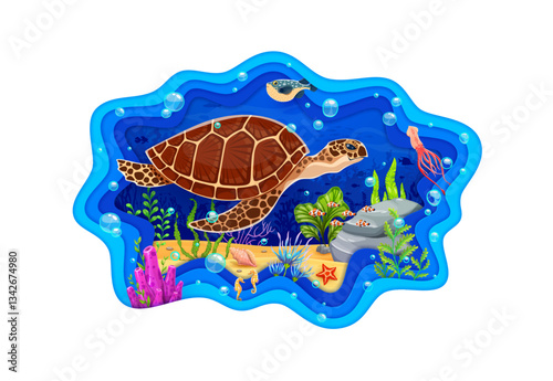 Paper cut banner with sea turtle and underwater landscape. Aquatic nature 3d vector backdrop, sea life paper cut background or underwater wildlife wallpaper with turtle and seaweeds on ocean bottom